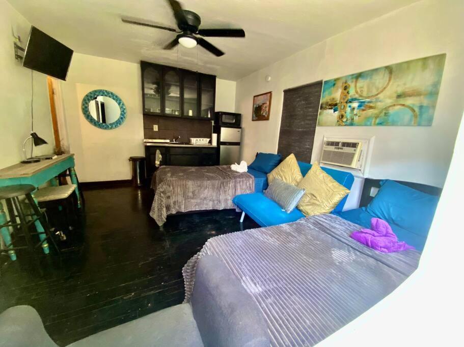 een woonkamer met een blauwe bank en een bed bij Wynwood Moments 3mins in Miami