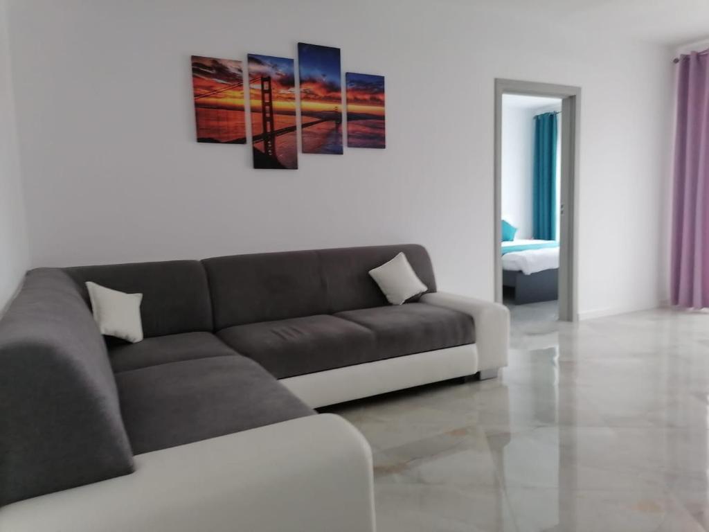 uma sala de estar com um sofá e uma pintura na parede em Aqua West Apartment free parking- self check-in em Oradea