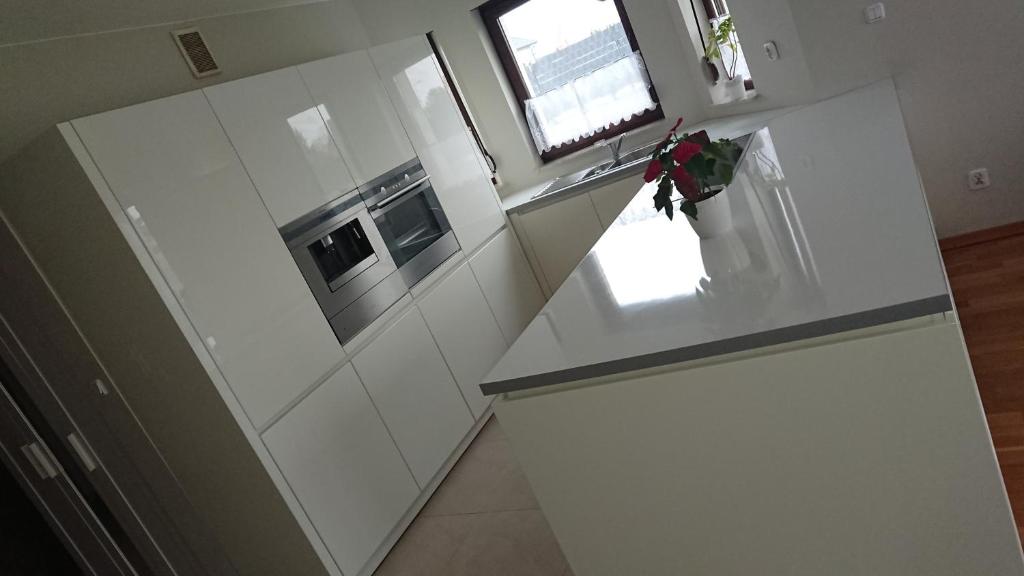 uma cozinha branca com um balcão e uma janela em Dom pod Wroclawiem13 em Domasław