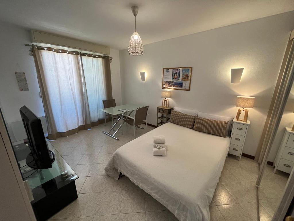 a bedroom with a bed and a table and a tv at Studio 28 m2 au calme à Menton in Menton