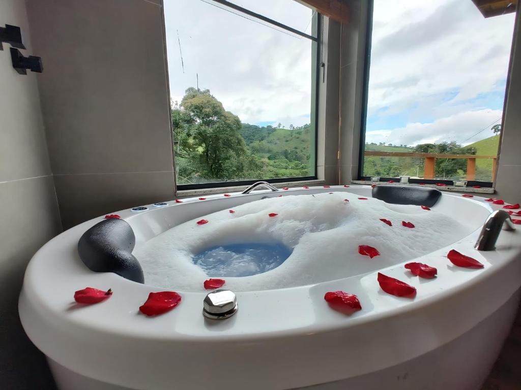 a bath tub with red roses in a room with a window at Chalé Morro Grande in Paraisópolis