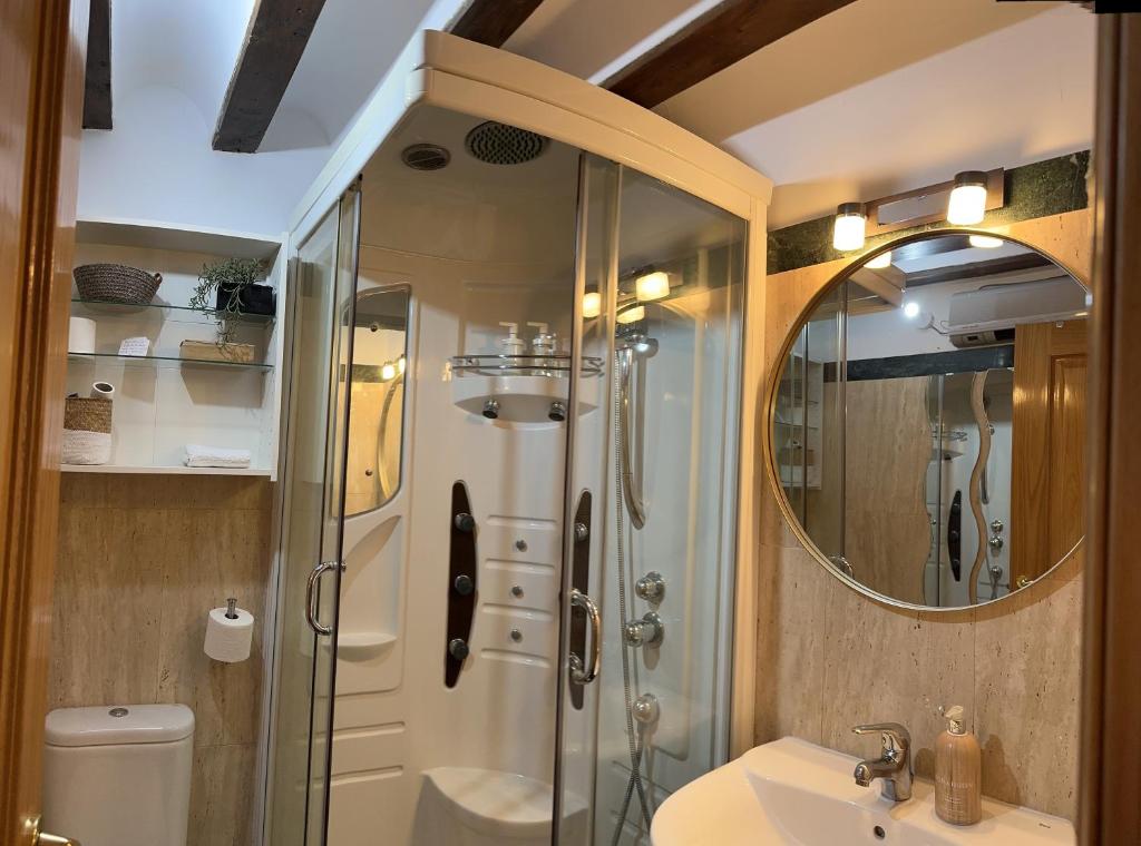 uma casa de banho com um chuveiro, um lavatório e um espelho. em Apart. Entrepatios em Toledo