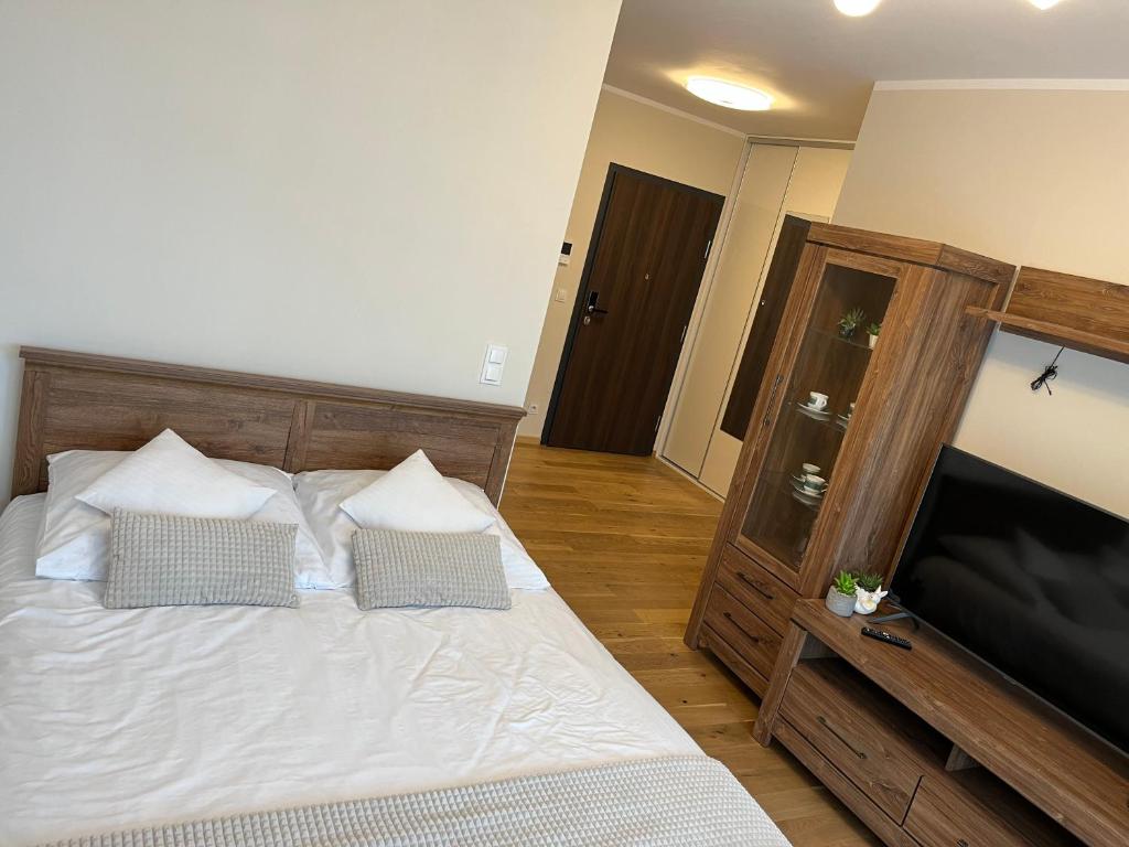 een slaapkamer met een bed met kussens en een televisie bij Apartament Garbary 234 in Poznań