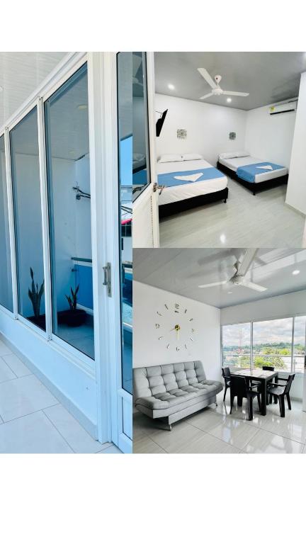 two pictures of a room with a couch and a table at TORRES DEL MESÓN LUXURY APARTMENTS Doradal in Doradal