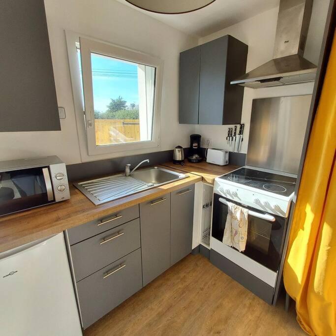 małą kuchnię ze zlewem i kuchenką w obiekcie Studio avec terrasse et jardin à 100 m de la plage w mieście Ploemeur