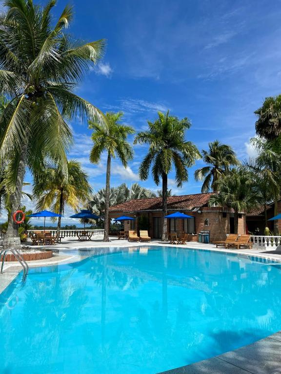 a large blue swimming pool with palm trees at La Manola Finca Hotel in Doradal