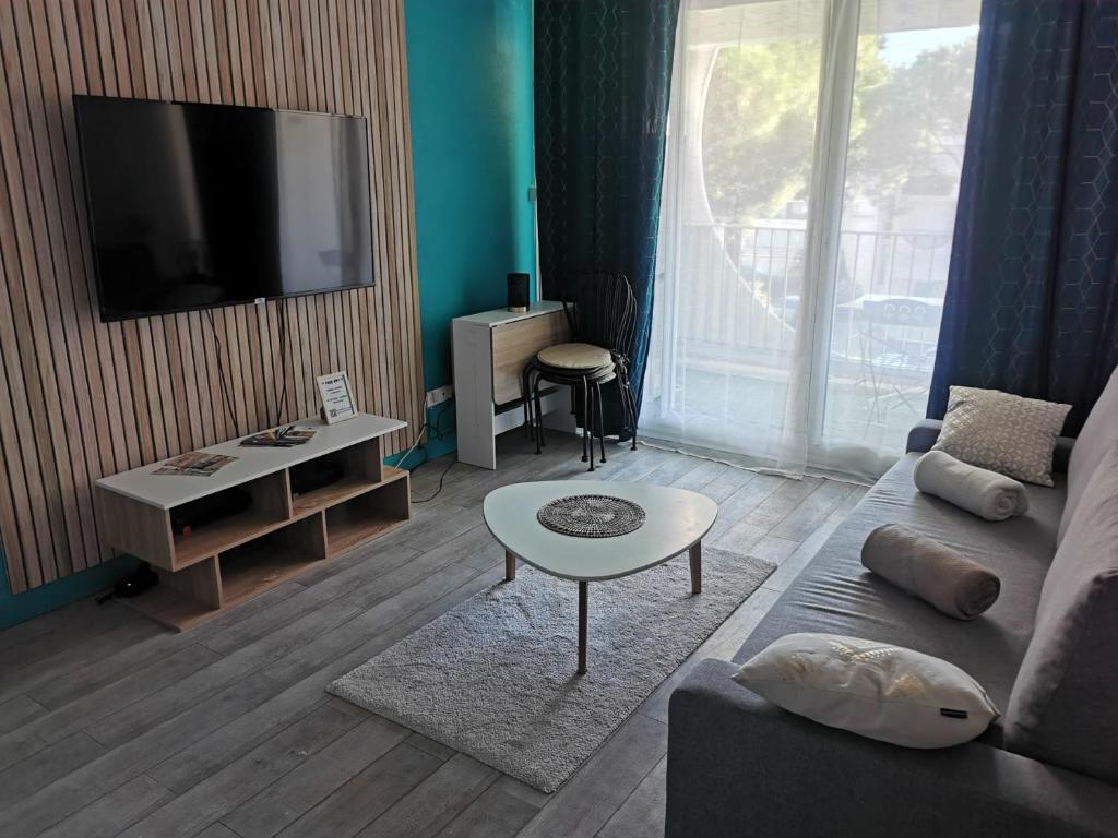 Televízia a/alebo spoločenská miestnosť v ubytovaní Le Grand Bleu, La Grande Motte, Plage