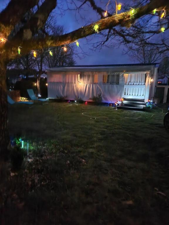 米米藏的住宿－Mobil home 6 personnes Forêt des landes，夜间用圣诞灯点亮的房子