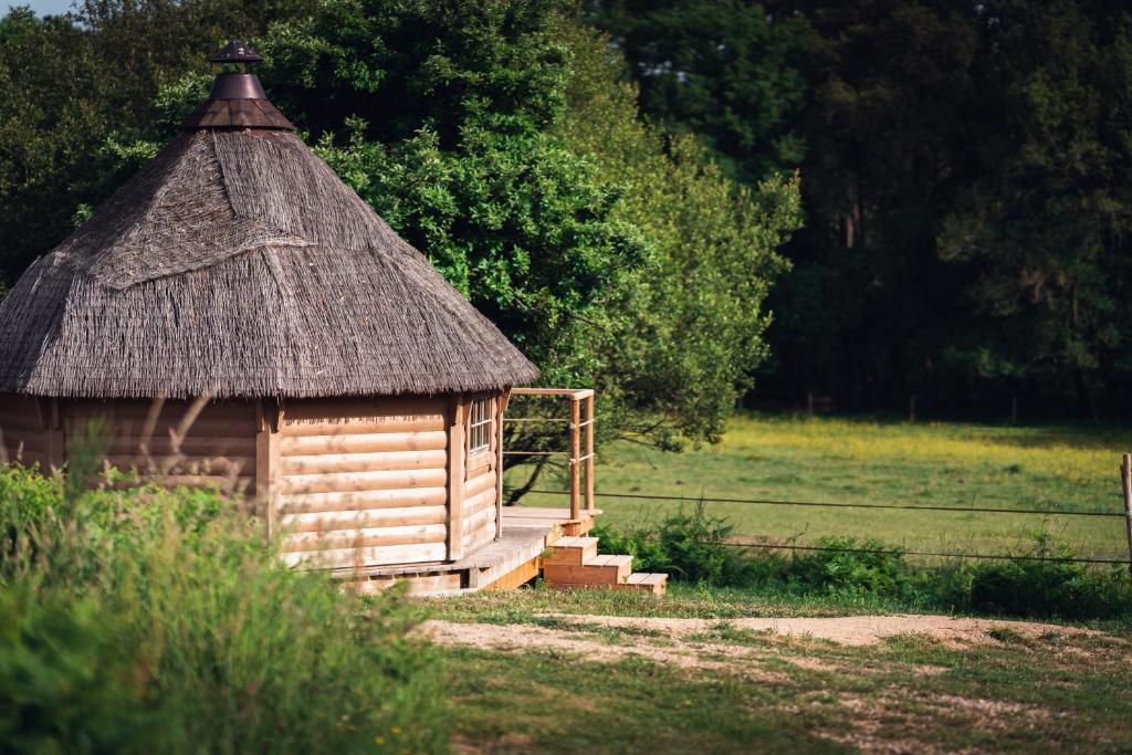a small wooden cabin with a grass roof at Dihan Evasion in Ploemel