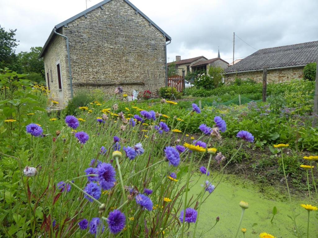 un jardin avec des fleurs violettes en face d'un bâtiment dans l'établissement Gîte R-D-T, à Martaizé
