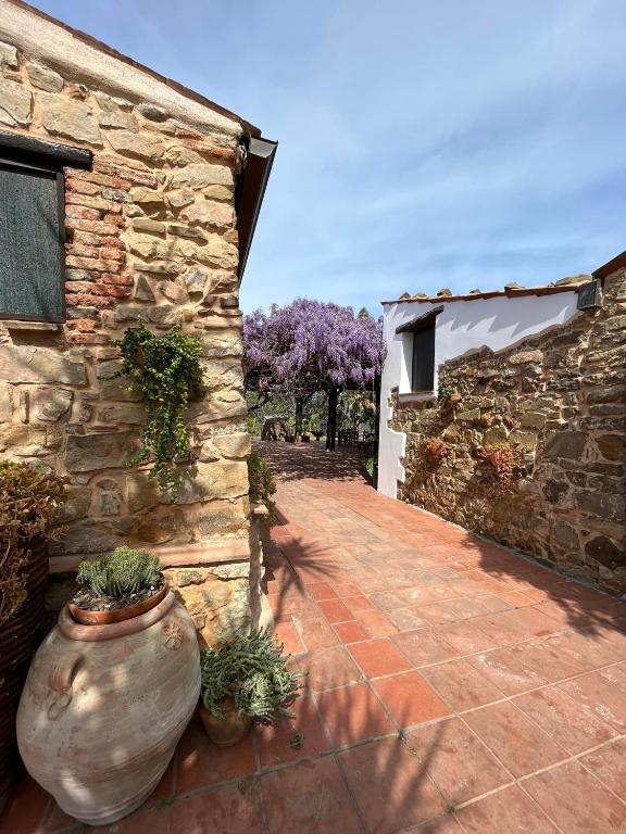 a stone house with a large vase next to a building at Tenuta Luogo Marchese in Pollina