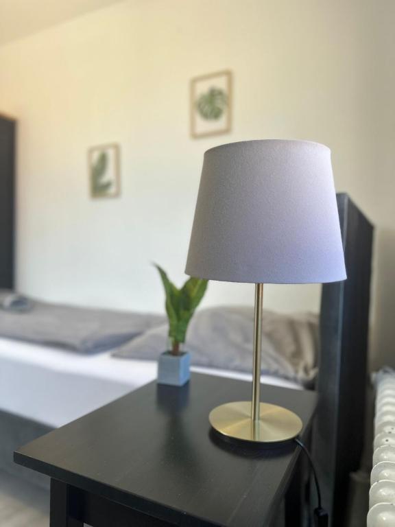 uma lâmpada sobre uma mesa ao lado de uma cama em Green Park Apartment em Bremerhaven