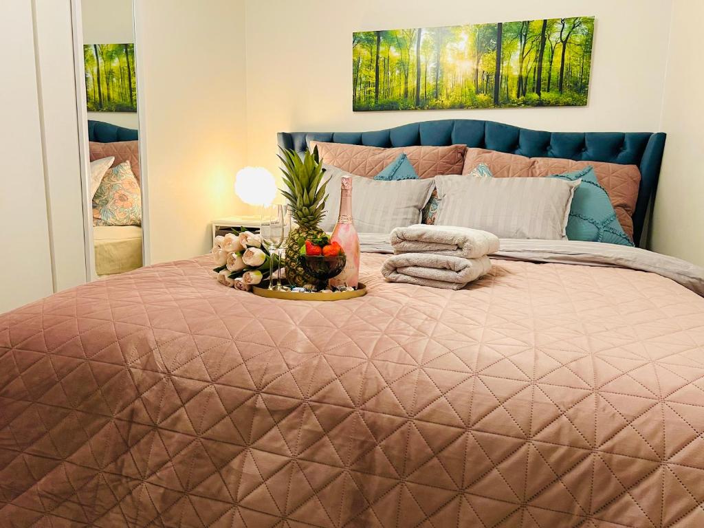 sypialnia z dużym łóżkiem z różową kołdrą w obiekcie Luxury of aristocrats near airport and jumbo w mieście Vantaa