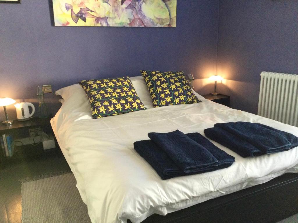 1 cama con 2 toallas y 2 lámparas en The ArtWorks, en Hastings