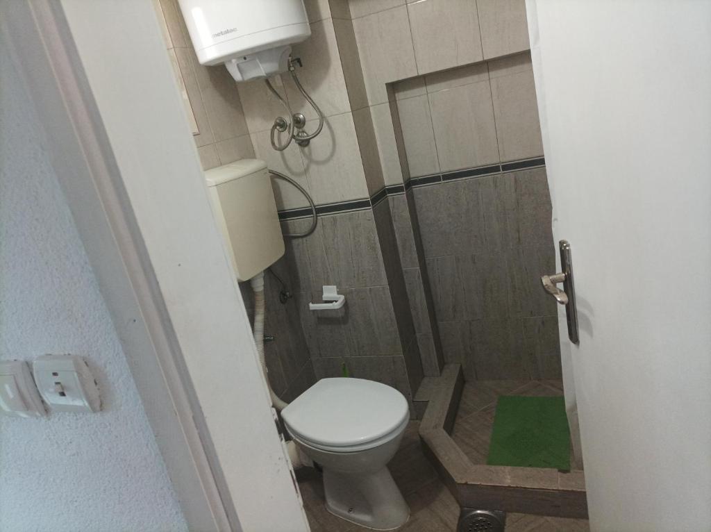 a small bathroom with a toilet and a shower at Apartmani Biljana Lazić in Vrnjačka Banja