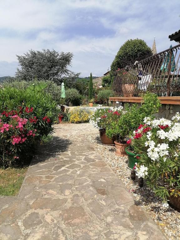 un jardin avec des fleurs et des plantes sur un chemin dans l'établissement Lou mas suzoun, à Ucel