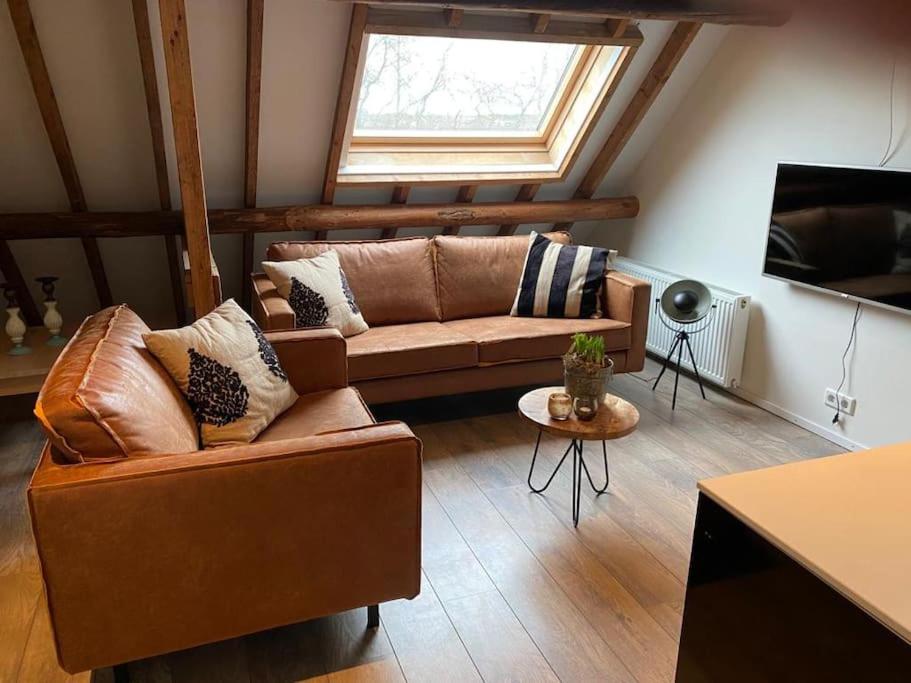a living room with a brown couch and a window at Ballumerhoeve Petit lodge in Ballum