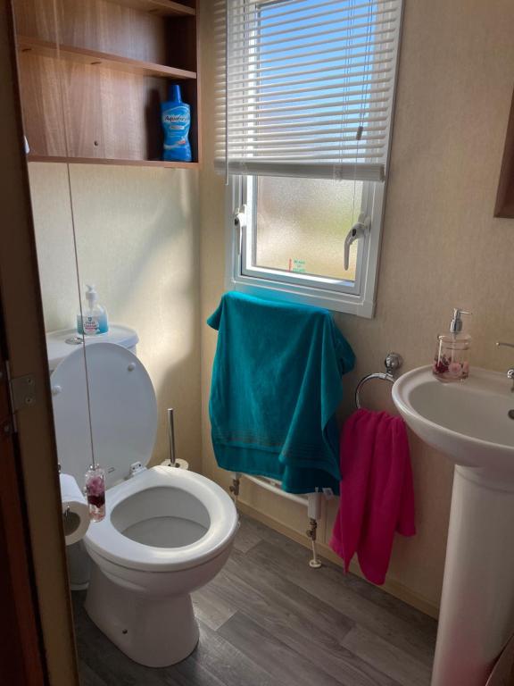 a bathroom with a toilet and a sink and a window at Tags caravan park in Skegness