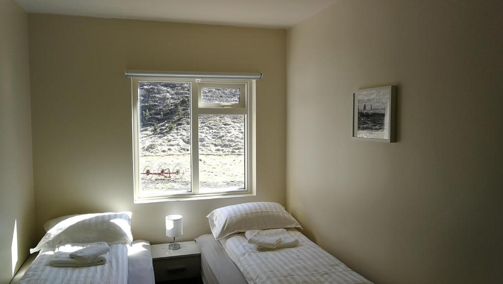 a bedroom with two beds and a window at Thorbrandsstadir Farm Holidays in Þorbrandsstaðir