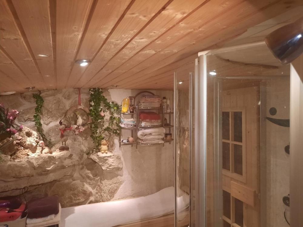 baño con ducha y pared de piedra. en Home&Classic - Alte Werkstatt en Effelder