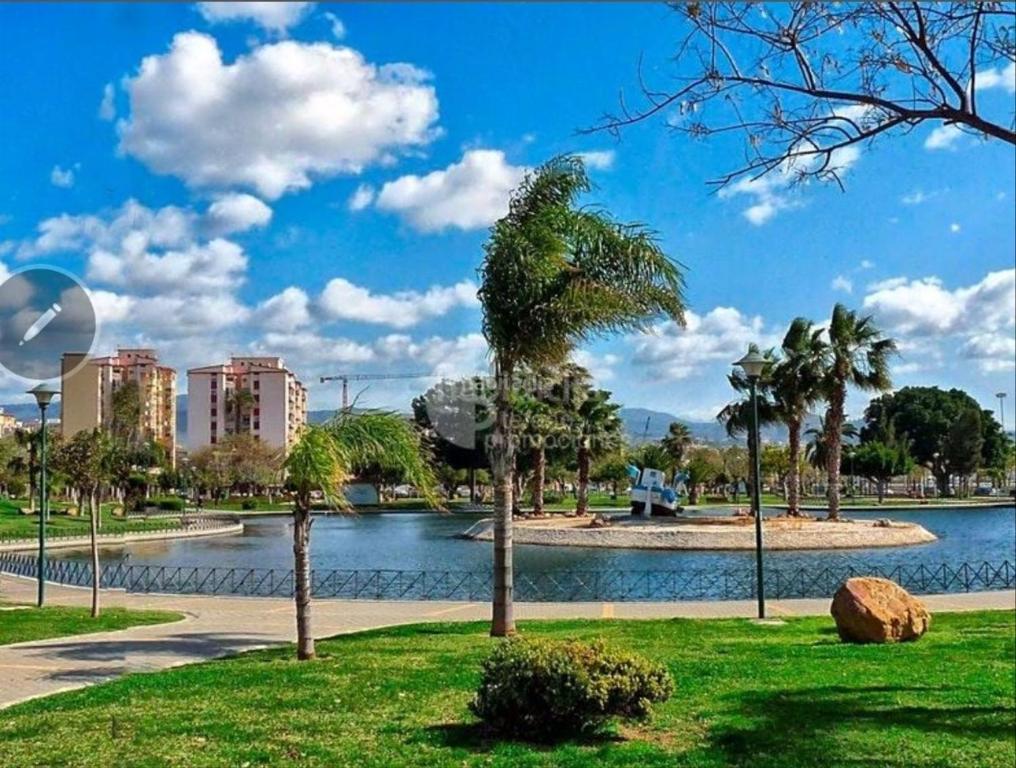 a park with a pond with palm trees and buildings at AYALA APARTAMENTO in Málaga