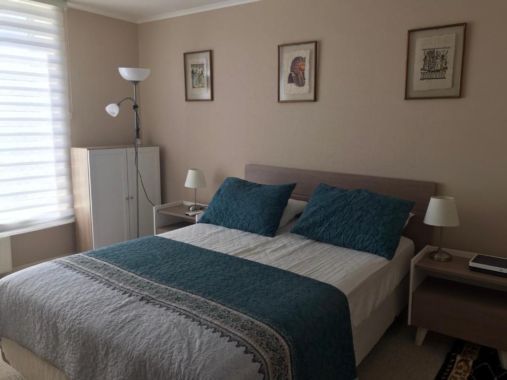 une chambre avec un grand lit avec des oreillers bleus dans l'établissement Laguna Bahía departamento 5 personas maravilloso amoblado y decorado, à Algarrobo