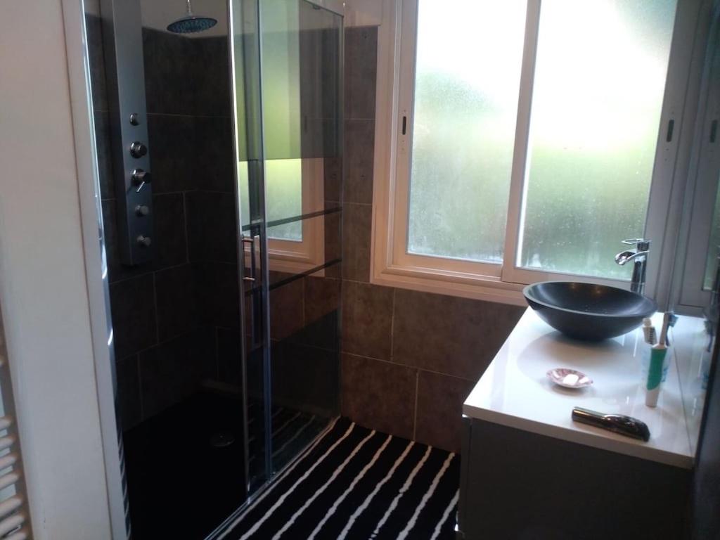 a bathroom with a glass shower and a sink at Villa, avec piscine chauffée in Servian
