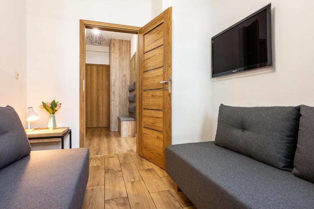 Televízia a/alebo spoločenská miestnosť v ubytovaní Apartament 66 Zator