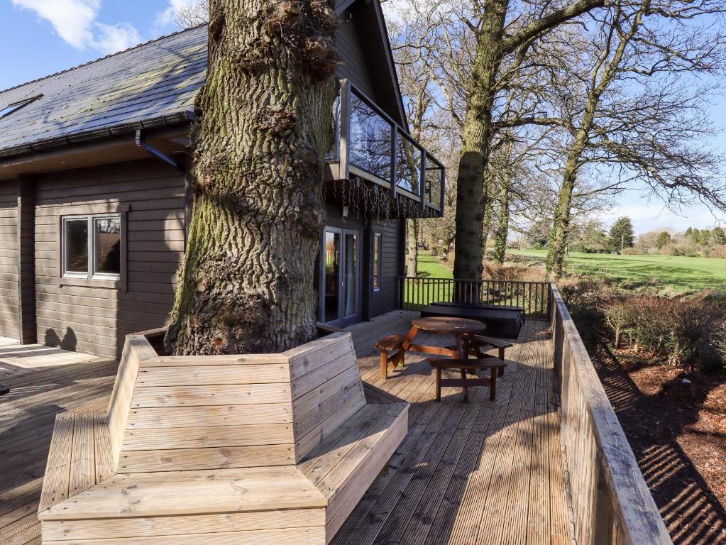 a tree on a deck next to a house at iLodge Ultra in Louth