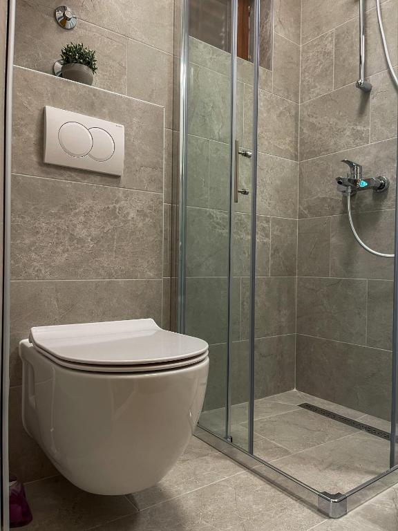 a bathroom with a toilet and a glass shower at Apartments Marija Magdalena in Hvar