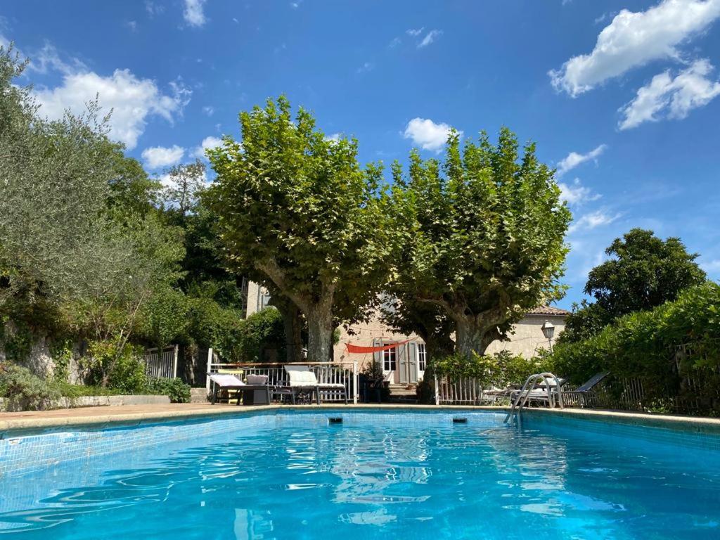 a swimming pool with blue water and trees at Mas Bella Vida in Puget-Théniers