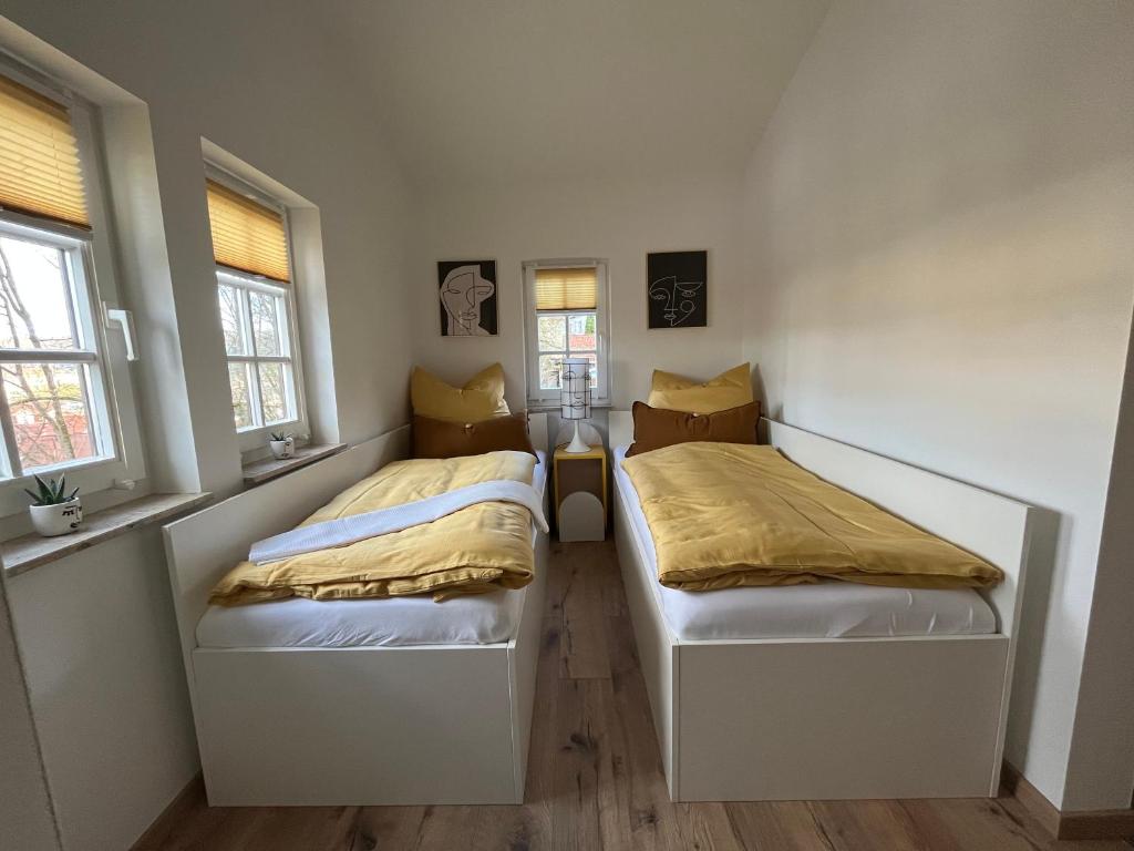 two beds in a room with two windows at Ferienhaus Renate in Meiningen