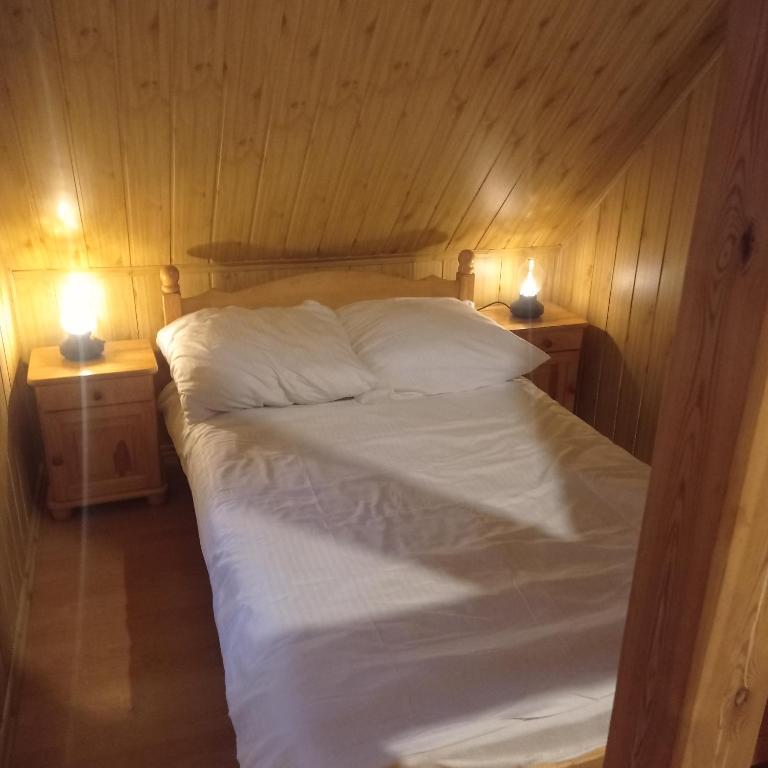 Łóżko lub łóżka w pokoju w obiekcie Dom Parlinek agroturtstyka wędkowanie sauna jacuzzi