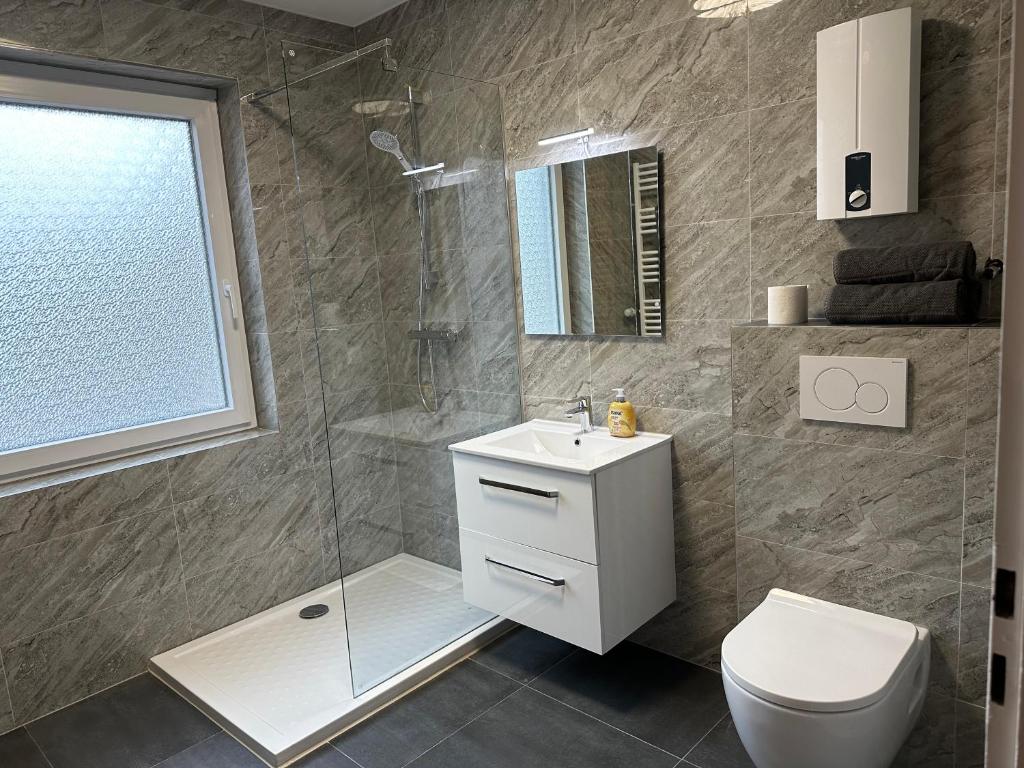 a bathroom with a shower and a toilet and a sink at Oberhausen Apartments in Oberhausen