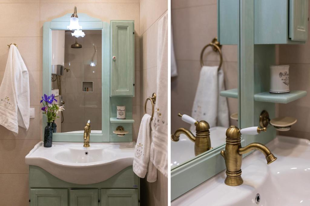two pictures of a bathroom with a sink and a mirror at Stayeva 11 in Dubrovnik