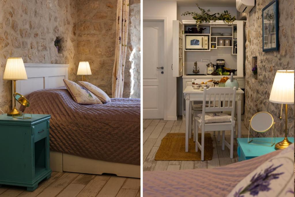 two pictures of a bedroom with a bed and a desk at Stayeva 11 in Dubrovnik