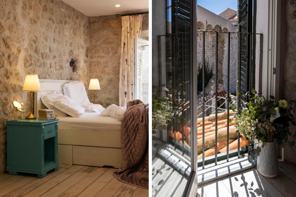 a bedroom with a bed and a room with a balcony at Stayeva 11 in Dubrovnik