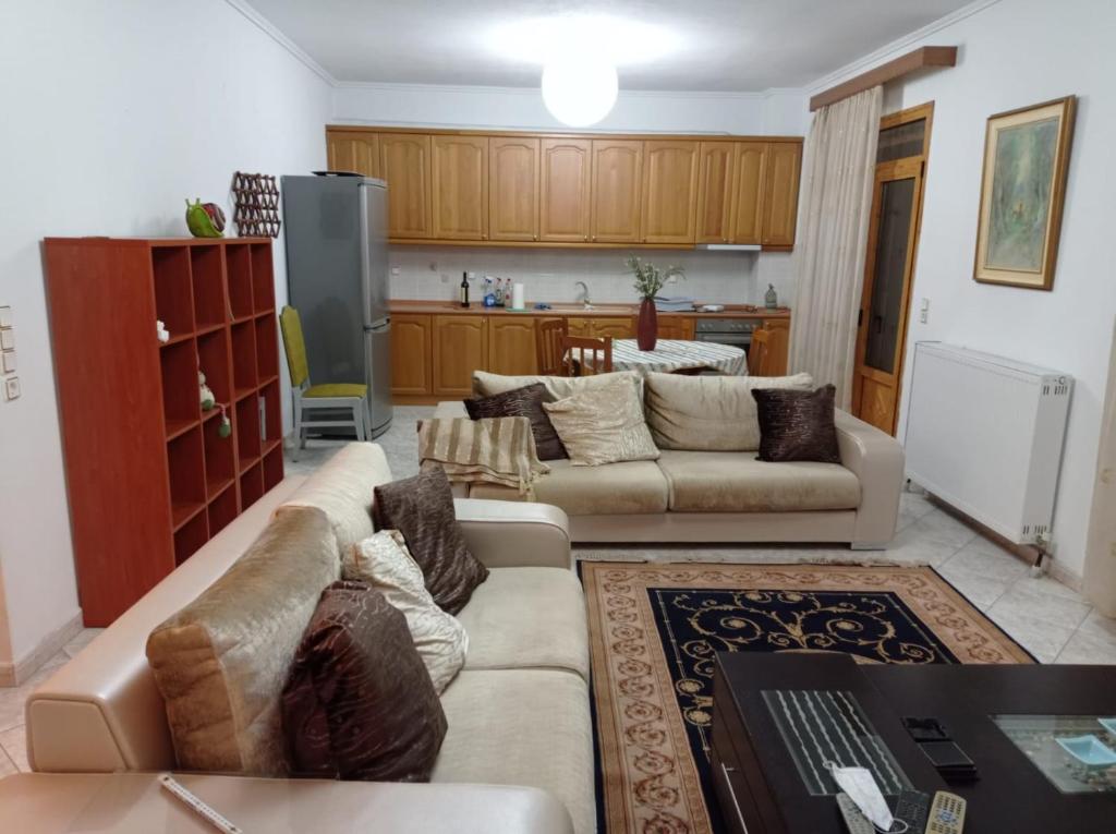sala de estar con 2 sofás y cocina en NIKITA'S HOUSE - 3 min from racetrack - Free parking and Wifi - 7 guests, en Serres