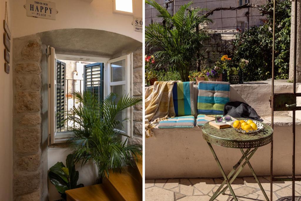 two pictures of a porch with a couch and a table at Stayeva 11 in Dubrovnik
