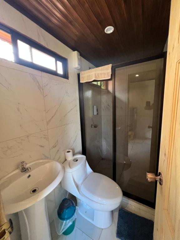 La salle de bains est pourvue de toilettes, d'un lavabo et d'une douche. dans l'établissement Casa Tucan Glamping, à Turrialba