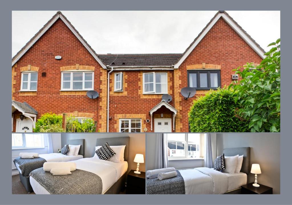 two pictures of a house with two beds in front of it at Central Peaceful Home with Parking, Wi-Fi and Garden in Stafford