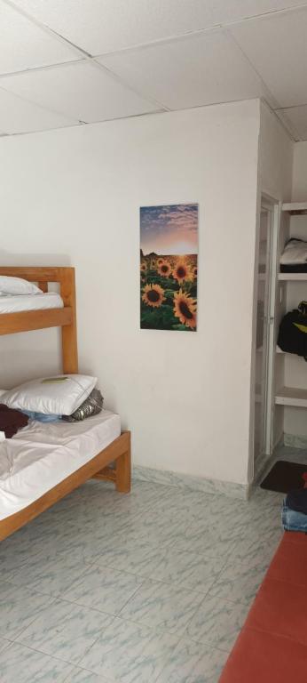 a room with two bunk beds and a picture on the wall at Girasoles Tolu in Santiago