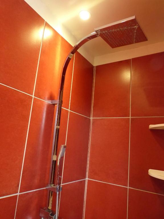 a shower in a bathroom with red tile at Aux Rives de Honfleur in Berville-sur-Mer