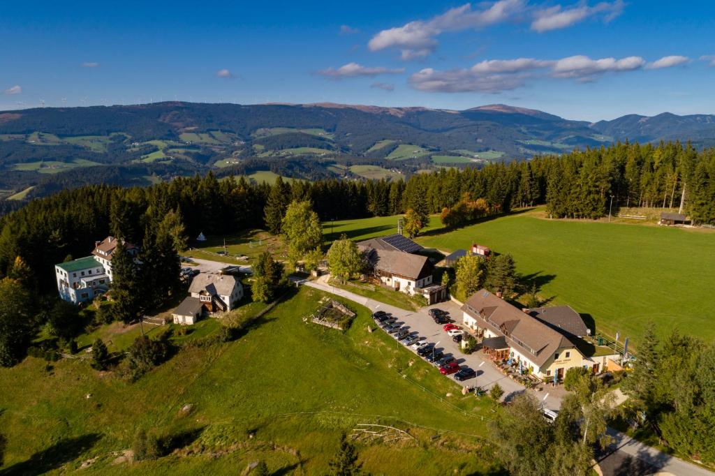 een luchtzicht op een huis op een heuvel bij Gasthof Pension Orthofer in Sankt Jakob im Walde