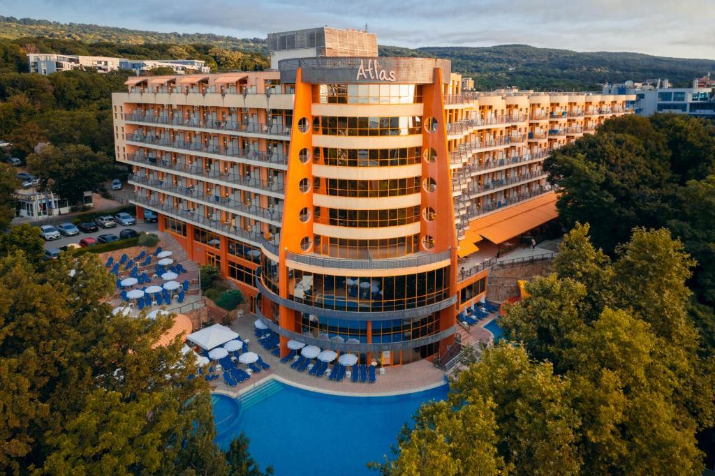 an aerial view of a hotel with a pool at Atlas Hotel - Free Outdoor Pool and Heated Indoor Pool in Golden Sands
