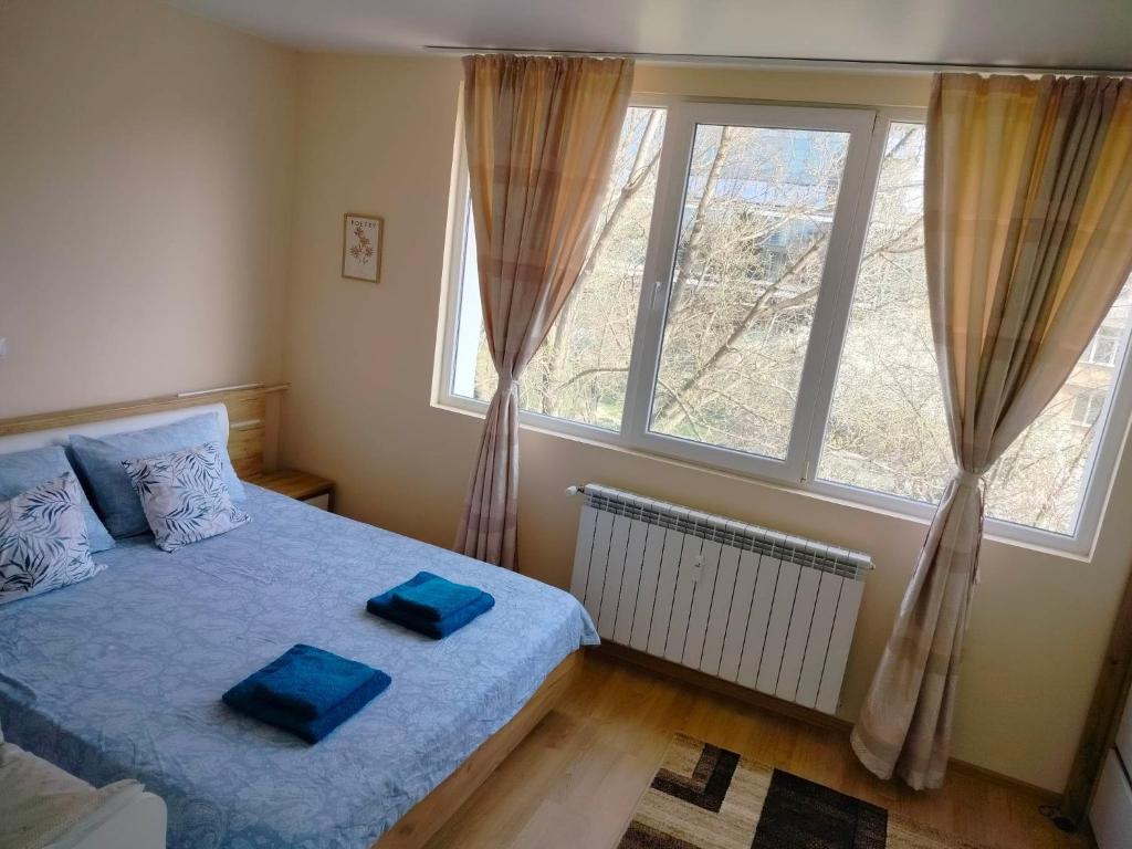 Schlafzimmer mit einem Bett mit blauer Bettwäsche und einem Fenster in der Unterkunft Alinik Apartment in Sofia