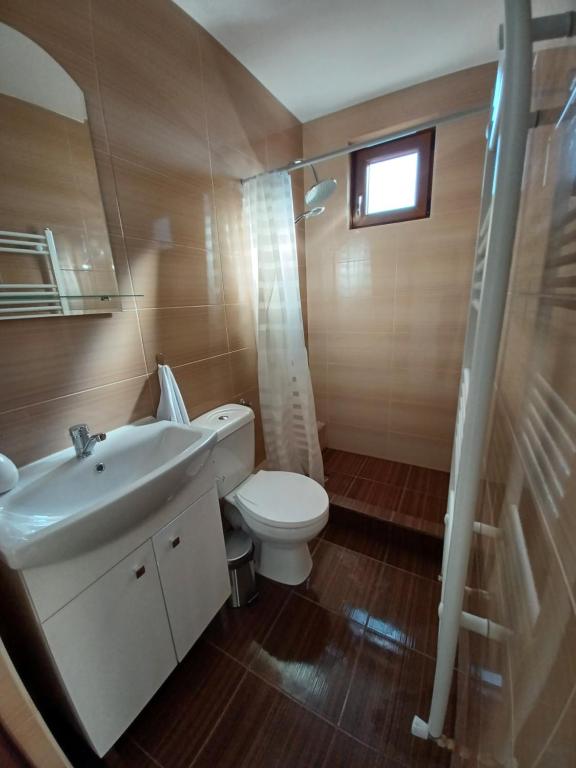 a bathroom with a white sink and a toilet at Pensiune lângă Mănăstirea Izbuc in Călugări