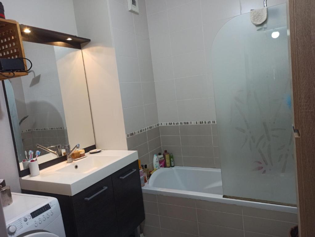 Kúpeľňa v ubytovaní Appartement entier Cozy Rdj Parking gratuit, proche tramway, stade OL, ARENA, Eurexpo, Aéroport StExupéry, Gare TGV Lyon Partdieu