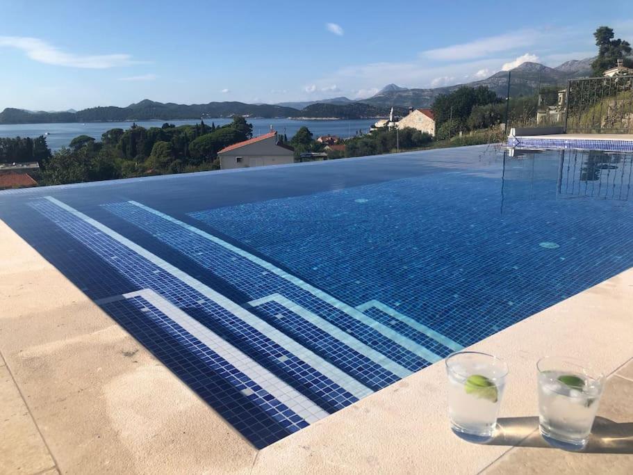 - une piscine avec 2 verres sur la terrasse dans l'établissement Magnificent new Villa Tofta on Lopud, Croatia. Sea views from the infinity pool, à Lopud