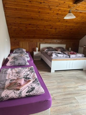 two beds in a room with wooden ceilings at Penzion u krbu in Loket